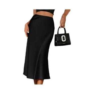 Imagem de Saia Midi Plissada De Cetim Feminina Vintage Com Cintura Elástica Esti