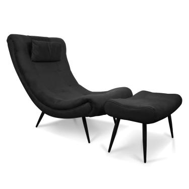 Imagem de Kit 01 Poltrona e 01 Puff Sher Suede Preto Pés Palito de Ferro - D'Rossi