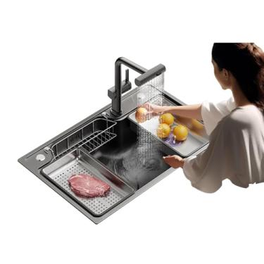 Imagem de Pia de cozinha de aço inoxidável com torneira de cachoeira multifuncional, tigela única de 75 cm, 2 furos, máquina de lavar louça embutida, inclui vários acessórios