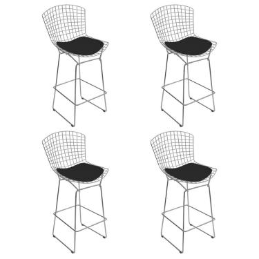 Imagem de Kit 4 Banquetas Bertoia Cromada D60 Com Assento Sintético Preto