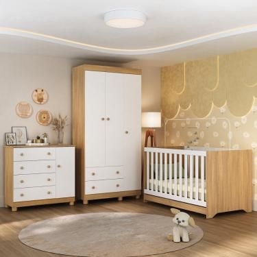 Imagem de Quarto De Bebê Completo Com Berço Americano 3 Em 1 Allegra Multimóveis MP4590 Madeirado-branco