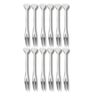 Imagem de Kit 12 Mini Garfos Aço Inox Coração Para Petiscos Aperitivos Fondue Un