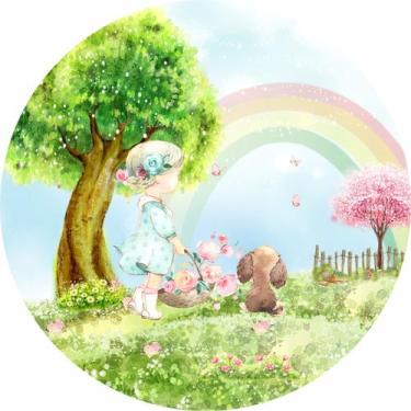 Imagem de Painel de Tecido Sublimado Redondo Jardim Encantado Menina e Cachorro 