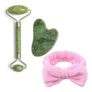 Imagem de Kit Rolo de Jade e Placa Gua Sha para Massagem Facial Anti Rugas com Estímulo de Coláge...