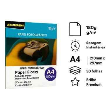 Imagem de Papel Fotográfico Glossy 180gr Masterprint A4 Com 50 Folhas Branco