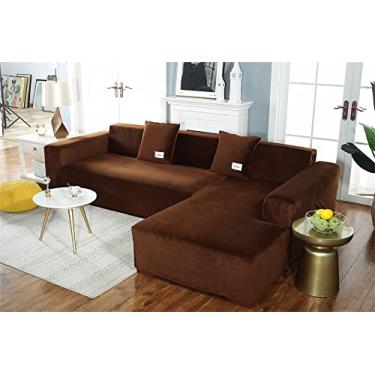 Imagem de Capa de sofá em forma de L, capa de sofá secional - sofá seccional super espesso para 1 ② ③ Capas de sofá de veludo elástico de 4 lugares protetor de móveis em forma de L - Café 2 lugares (145~185cm)