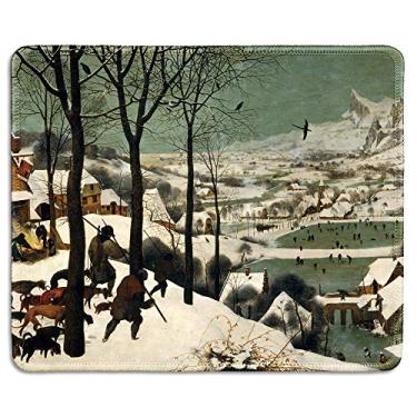 Imagem de dealzEpic - Mousepad de arte - Mouse Pad de borracha natural com famosa pintura de belas artes dos caçadores na neve (inverno) de Pieter Bruegel The Elder - Bordas costuradas - 24 x 20 cm