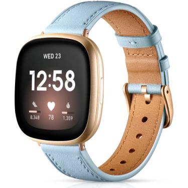Imagem de Maledan Pulseira de couro compatível com pulseiras Fitbit Sense femininas e masculinas, pulseira fina de couro genuíno macio com fivela de ouro rosa para relógio inteligente Fitbit Sense/Versa 3, azul celeste