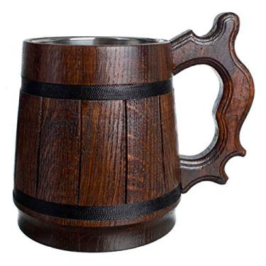 Imagem de MyFancyCraft Presentes para homens Caneca de cerveja de madeira com caixa copo de aço inoxidável lembrança masculina feita à mão retrô marrom
