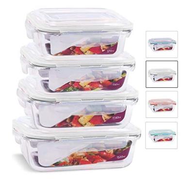 Imagem de KIT 4 Potes Vidro Herméticos Retangulares 370ml + 640ml + 1040ml + 1520ml Cor:Branco (QH)