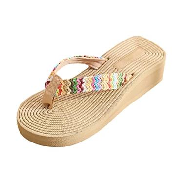 Imagem de Sandálias femininas tamanho 8 chinelos femininos verão cunha FILP sandálias de praia moda confortável simples chinelos (bege, 37)