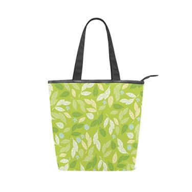 Imagem de Bolsa feminina de lona durável deixa flores verdes grande capacidade sacola de compras bolsa de ombro