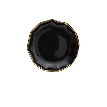 Imagem de JLXZHOME Prato de jantar de cerâmica com aro de ouro preto branco pratos de porcelana bandeja de sobremesa de arroz tigela de sopa colher de mesa, 17,78 cm de profundidade preta p