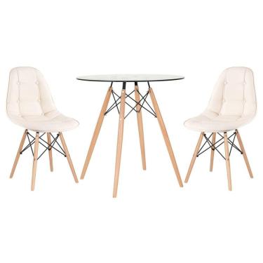 Imagem de Mesa jantar cozinha redonda com tampo de vidro Eames 70 cm + 2 cadeiras Eiffel Botonê