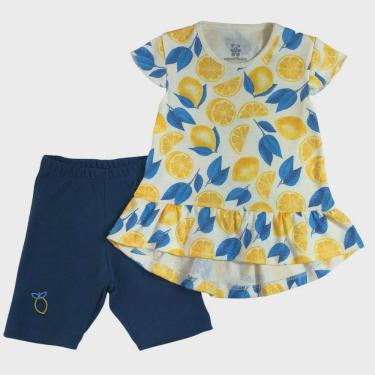 Imagem de Conjunto infantil camiseta manga curta cru estampada limão amarelo e azul e shorts azul marinho com bordado limão