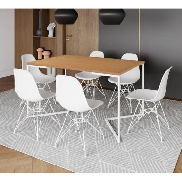 Imagem de Mesa Industrial Jantar Retangular 137X90Cm Canela Base V Com 6 Cadeiras Brancas Ferro B Canela