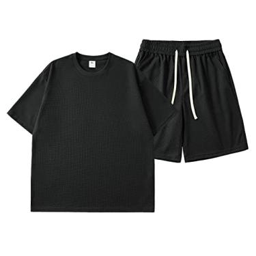Imagem de Ternos de jaqueta para homens adulto verão cor sólida simples casal camiseta shorts terno de duas peças trajes de banho europeus homens, Preto, XXG