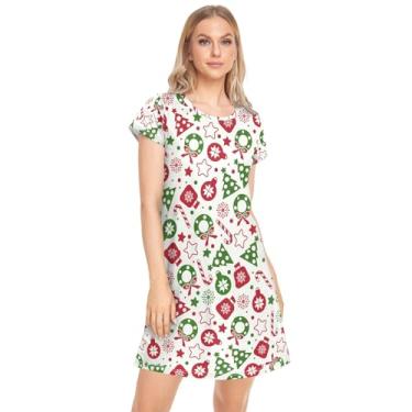 Imagem de CHIFIGNO Linda camisola de pijama para mulher, camisola de manga curta, camisolas de noite casuais, roupa de dormir feminina, P, Ícones de Natal vermelhos e verdes, XXG