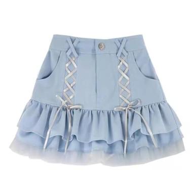 Imagem de Y2K Harajuku A-Line Mini Saia Para Mulheres Lace-Up Cintura Camadas Malha Patchwork Plissado Babados Saias Curtas Saia Curta
