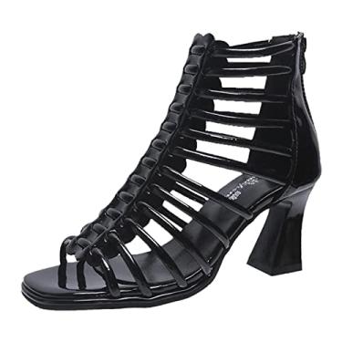 Imagem de Sandálias sapatos femininos nove couro fino combinação de cinto oco nas costas zíper grosso sandálias de salto alto, Preto, 35