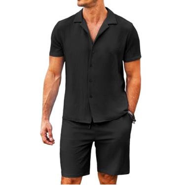 Imagem de COOFANDY Conjunto masculino de 2 peças, camisa de manga curta com botões e shorts de praia de verão, Preto, GG