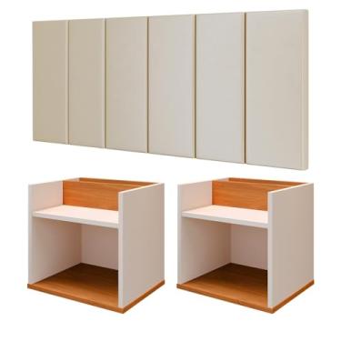 Imagem de Kit Quarto Casal Completo 2 Mesinhas Suspensa Madri Nicho Decorativo Cabeceira Almofadada Julia Cama Box 1,40 - RPM Móveis (Areia | Off White/Cinamomo)