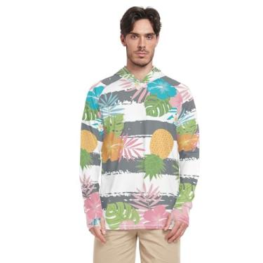 Imagem de Camisas de sol masculinas de manga comprida FPS 50 + camisas de sol masculinas de secagem rápida abacaxi tropical flor havaiana UV, Flor havaiana tropical abacaxi, GG
