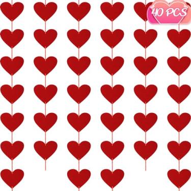 Imagem de 40 peças de decoração de dia dos namorados, faixa de coração com corações de feltro, decoração de dia dos namorados, guirlanda de coração pendurada vermelha para interior ao ar livre faixa de festa do