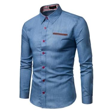 Imagem de Camisa jeans masculina, manga comprida, gola alta, cor sólida, bainha reta, punhos ajustáveis, Azul claro, M