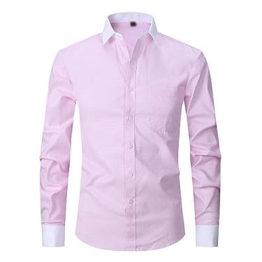 Imagem de Camisa social masculina sem rugas, listrada, manga comprida, formal, gola lapela, abotoada, Rosa, XXG