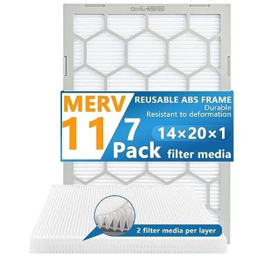 Imagem de OlitAir Filtro de ar MERV 11 14 x 20 x 1, filtro de ar de forno AC, moldura de plástico ABS reutilizável, pacote com 7 meios de filtro substituíveis (tamanho real: 33 x 49 cm x 3/10.2 cm)