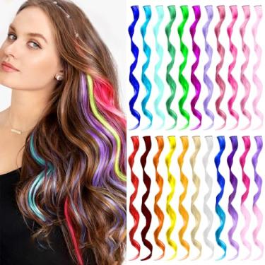 Imagem de TOFAFA Extensões de cabelo colorido, acessórios ondulados encaracolados para meninas e mulheres, clipe de destaques de festa multicores em peruca sintética arco-íris para presente infantil (22 peças -