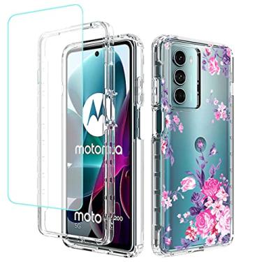 Imagem de sidande Capa para Moto G200 5G/Moto Edge S30 XT2175-2 com protetor de tela de vidro temperado, capa protetora fina de TPU floral transparente para celular para Motorola Moto G200 5G (flor rosa)