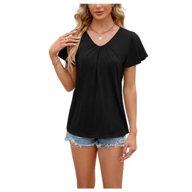 Imagem de Camiseta Feminina De Cor Sólida Com Decote Em V Lazer Topos Verão Básico Camiseta Casual Férias