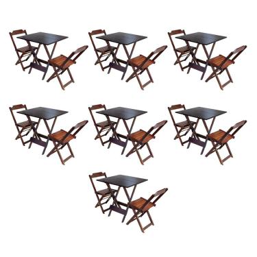 Imagem de Kit 7 Conjuntos de Mesa Dobravel com 2 Cadeiras de Madeira 70x70 para Restaurante e Bar - Imbuia