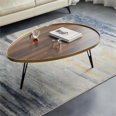 Imagem de Mesa de centro oval pequena com pernas de metal preto, mesa de centro moderna de meados do século, mesa de centro minimalista para sala de estar