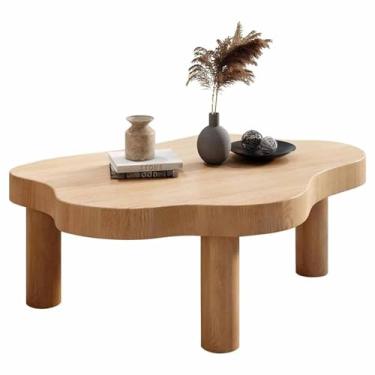 Imagem de Mesa de centro moderna de meados do século, mesa de centro em forma de nuvem, mesa de centro de madeira, mesa de canto redondo, com 3 pernas, para móveis de sala de estar