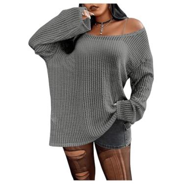 Imagem de SHENHE Suéter feminino plus size de tricô com ombro de fora, vazado, transparente, grunge, Cinza escuro, XGG