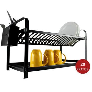 Imagem de Escorredor Louças 20 Pratos Inox Porta Talheres Inox Black - Original 