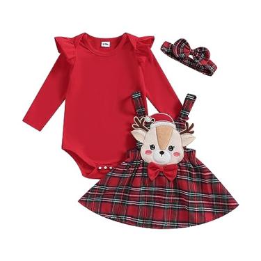 Imagem de LAGKIYOJ Conjunto de 3 peças de roupas de outono e inverno para bebês recém-nascidas, manga comprida, vestido de Natal, xadrez, vestido de Natal, Vermelho, 12-18 Meses