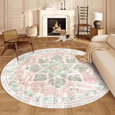Imagem de Vhong Boho Area Rugs Vintage Lavável Moderno Neutro 9×9 Tapete Redondo Rosa e Verde Tapetes de Alto Tráfego para Sala de Jantar, Sala de Estar, Quarto, Quinta, Antiderrapante