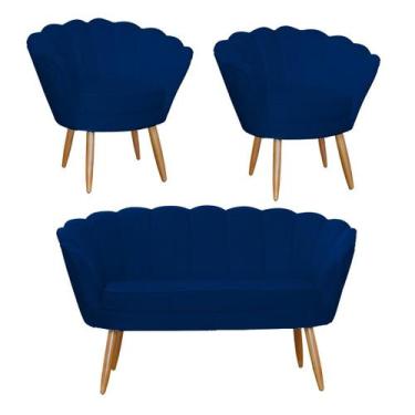 Imagem de Combo Pétala Namoradeira e 2 Poltronas Decorativa Estofada Suede Azul 