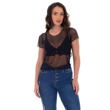 Imagem de Blusa Tshirt Tule Transparente Fristyle Manga Curta Poa Preto Lisa Adu