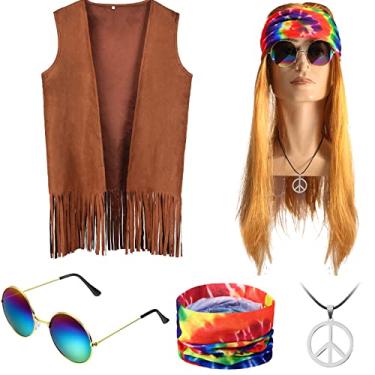 Imagem de SATINIOR Conjunto de fantasia hippie de Halloween para homens e mulheres dos anos 60 anos 70 masculino colete hippie roupas para cosplay de carnaval, Conforme mostrado na imagem, P