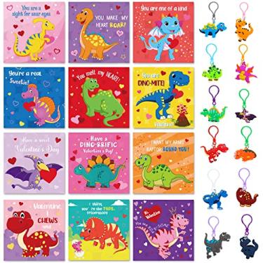 Imagem de 24 peças de cartões de festa de troca de presentes de dia dos namorados com chaveiros para crianças, cartões de visita para troca de sala de aula e lembrancinha de festa dos namorados (unicórnio) (dinossauro)