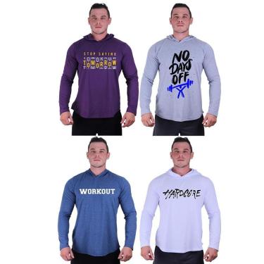 Imagem de Kit 4 Camisetas Manga Longa com Touca Longline Estampada Treino Academia Lazer Casual-Masculino