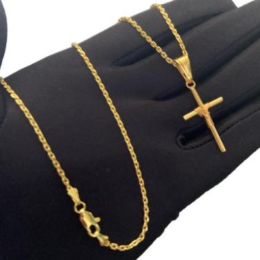 Imagem de Cordão Cadeado 1mm + Pingente Cruz Fio - Banhado a Ouro 18k - ToJoia18