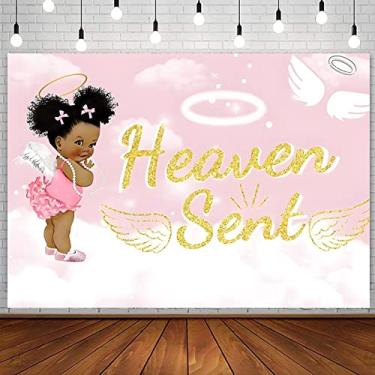 Imagem de Yeele 2,1 x 1,5 m Heaven Sent Girl Pano de fundo para chá de bebê, céu rosa, nuvens brancas, asa de anjo, fundo fotográfico, presente de Deus, decoração de festa, banner, mesa de bolo, adereços de