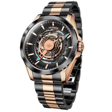 Imagem de OUPINKE Relógio masculino esqueleto automático mecânico luxuoso relógio de pulso preto à prova d'água luminoso cristal de safira de tungstênio, G3206: face preta ouro rosa, G3206