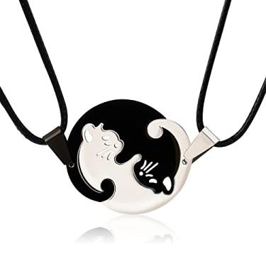 Imagem de MISS RIGHT Colar Cat Yin Yang para mulheres, homens e meninas, quebra-cabeça de casais de aço inoxidável para 2, presentes para amantes de gatos 21 inch Preto